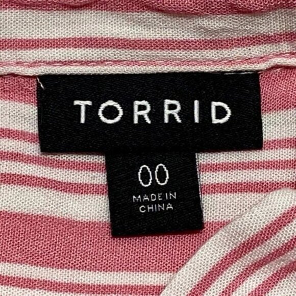 Torrid Button-Up Blouse Women's 00 (M/L) Pink White Stripe Lightweight Stretch - Picture 8 of 9